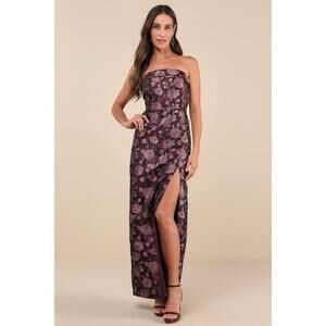 Lulus Demure Muse Plum Purple Floral Jacquard Strapless Maxi Dress - Size M